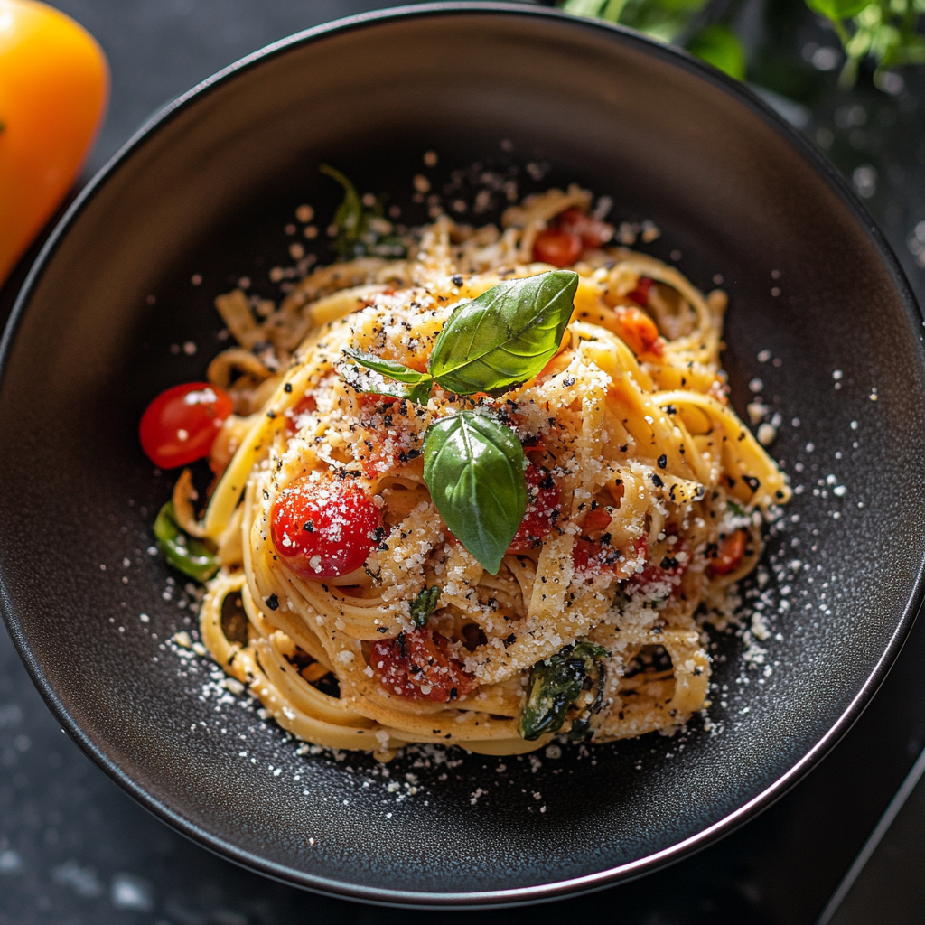 Pasta med körsbärstomater och basilika