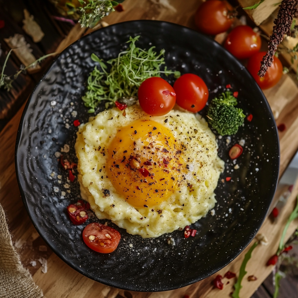 Krämigt potatismos med stekt ägg och chili