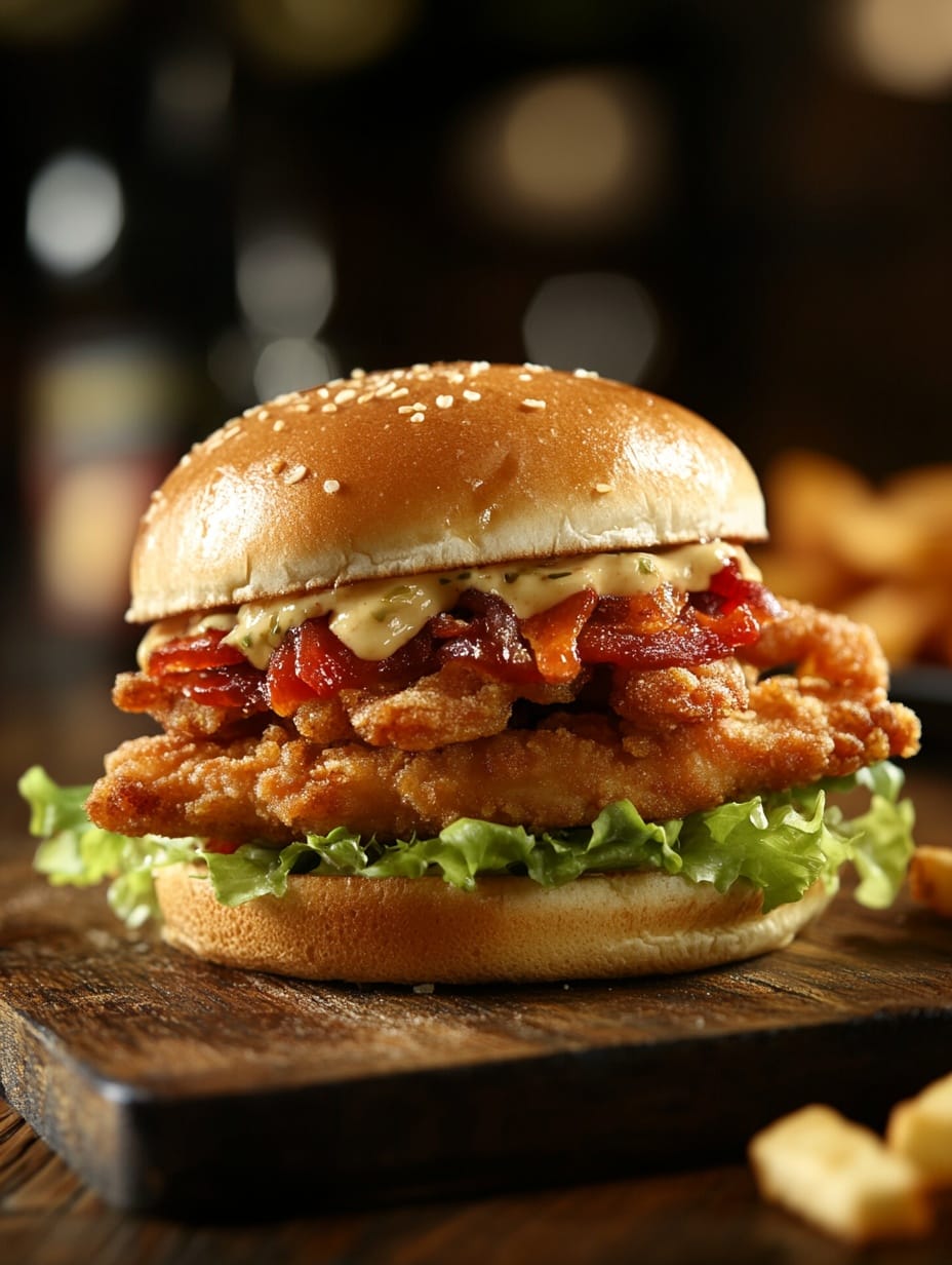 Knaprig kycklingburgare med bacon och dressing